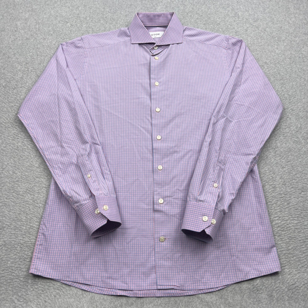 Eton Dress Shirt Mens 16 41 Pink Blue Gingham Check Slim Spread Collar Button Up